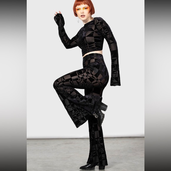 KILLSTAR Suspiria Mood Stretch Mesh Velvet Burnout Flared Pants Black Size XS S - Picture 5 of 7